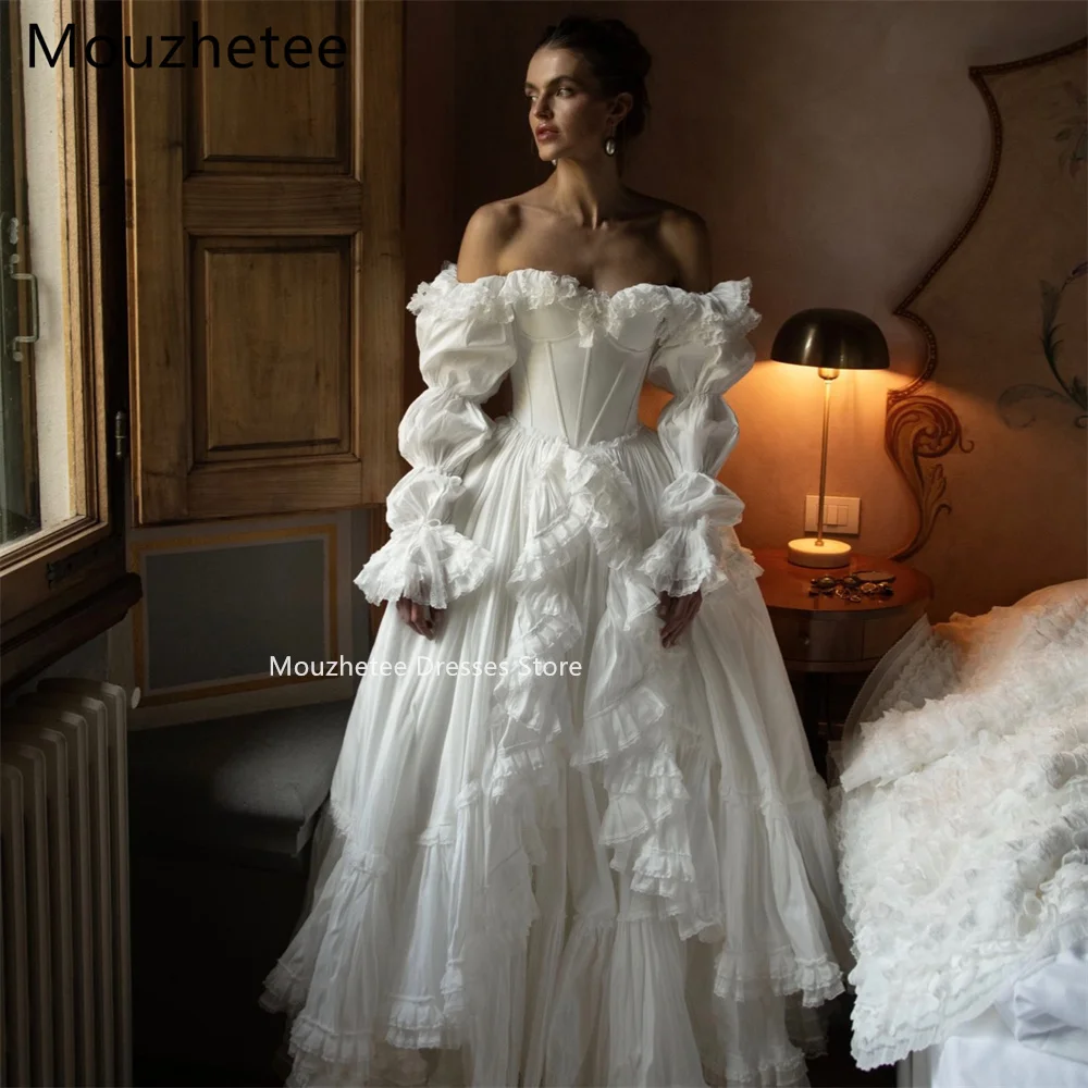 Mouzhetee A-Line Off The Shoulder Elegant Wedding Dresses Classic Lace Long Sleeve Brides Gown Custom Made 2025