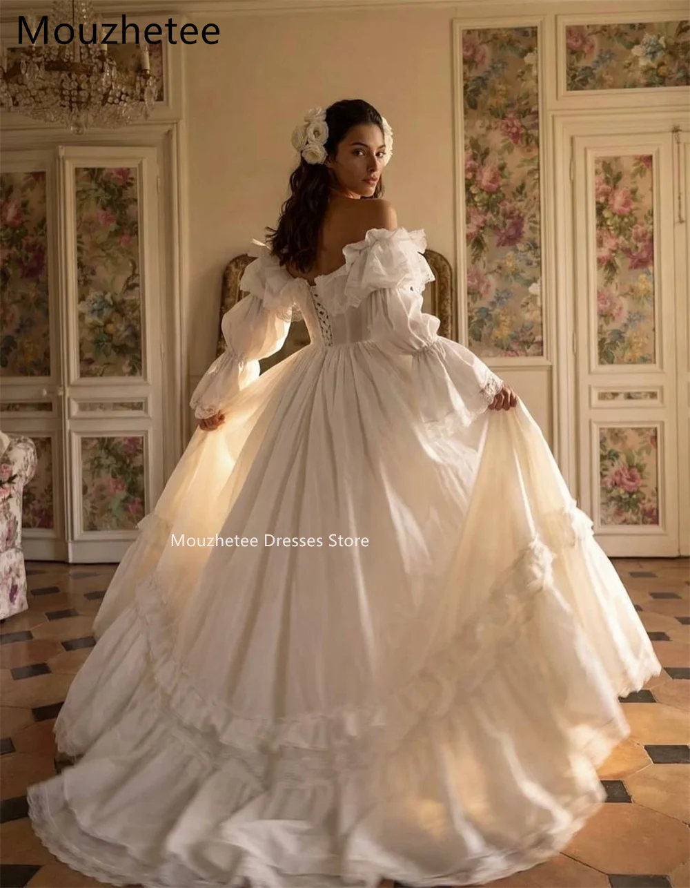 Mouzhetee A-Line Off The Shoulder Elegant Wedding Dresses Classic Lace Long Sleeve Brides Gown Custom Made 2025