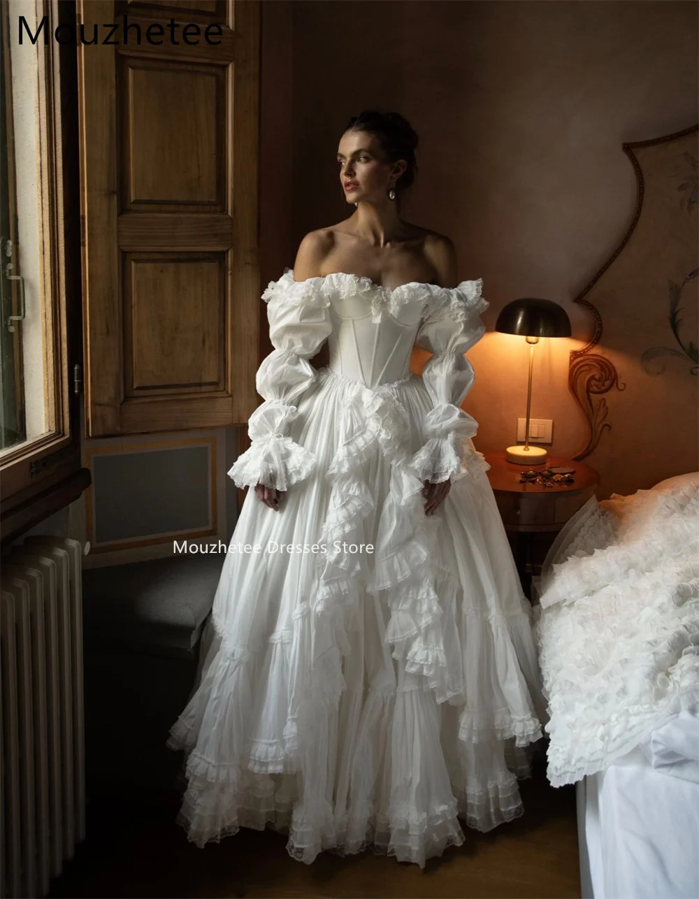 Mouzhetee A-Line Off The Shoulder Elegant Wedding Dresses Classic Lace Long Sleeve Brides Gown Custom Made 2025