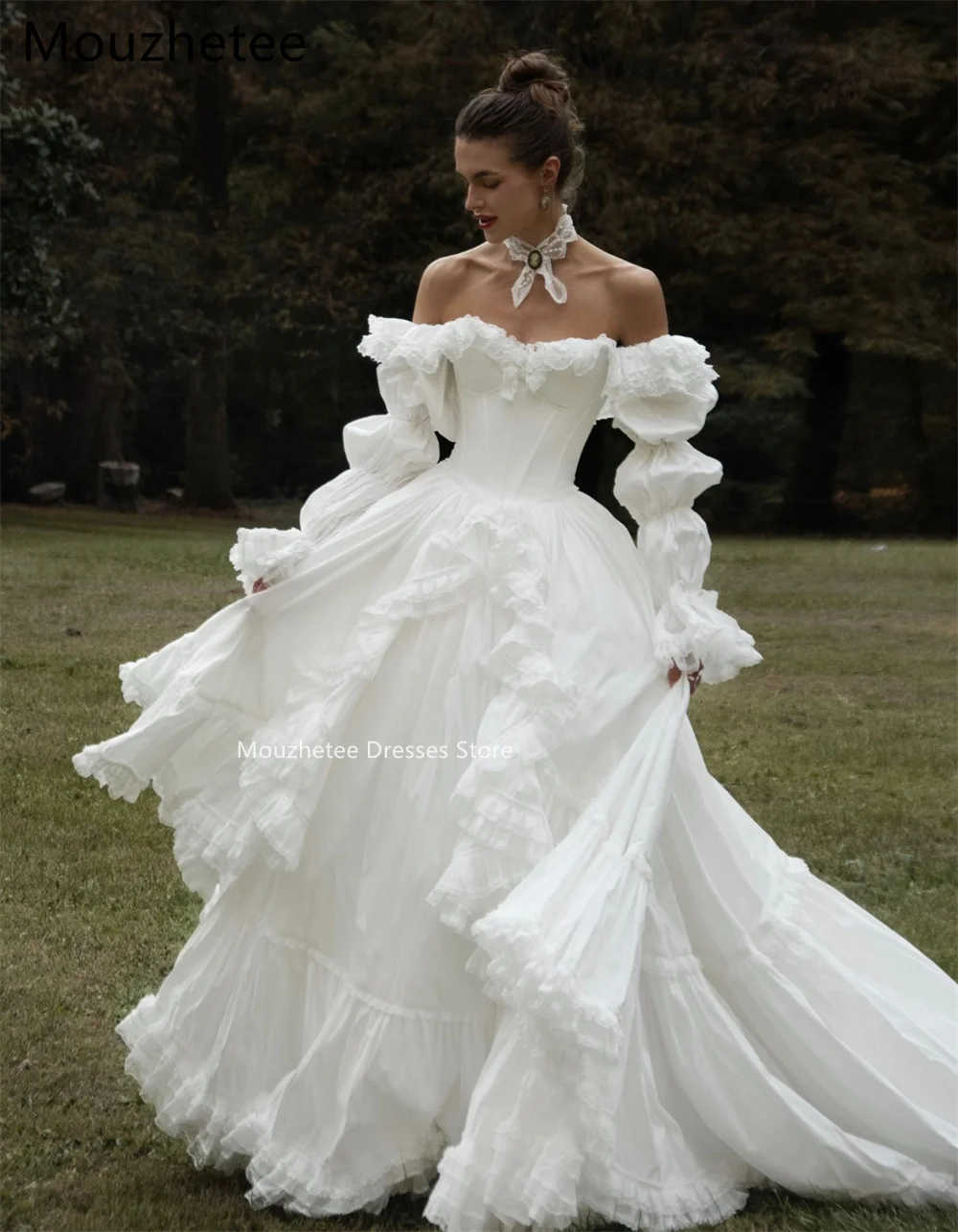 Mouzhetee A-Line Off The Shoulder Elegant Wedding Dresses Classic Lace Long Sleeve Brides Gown Custom Made 2025