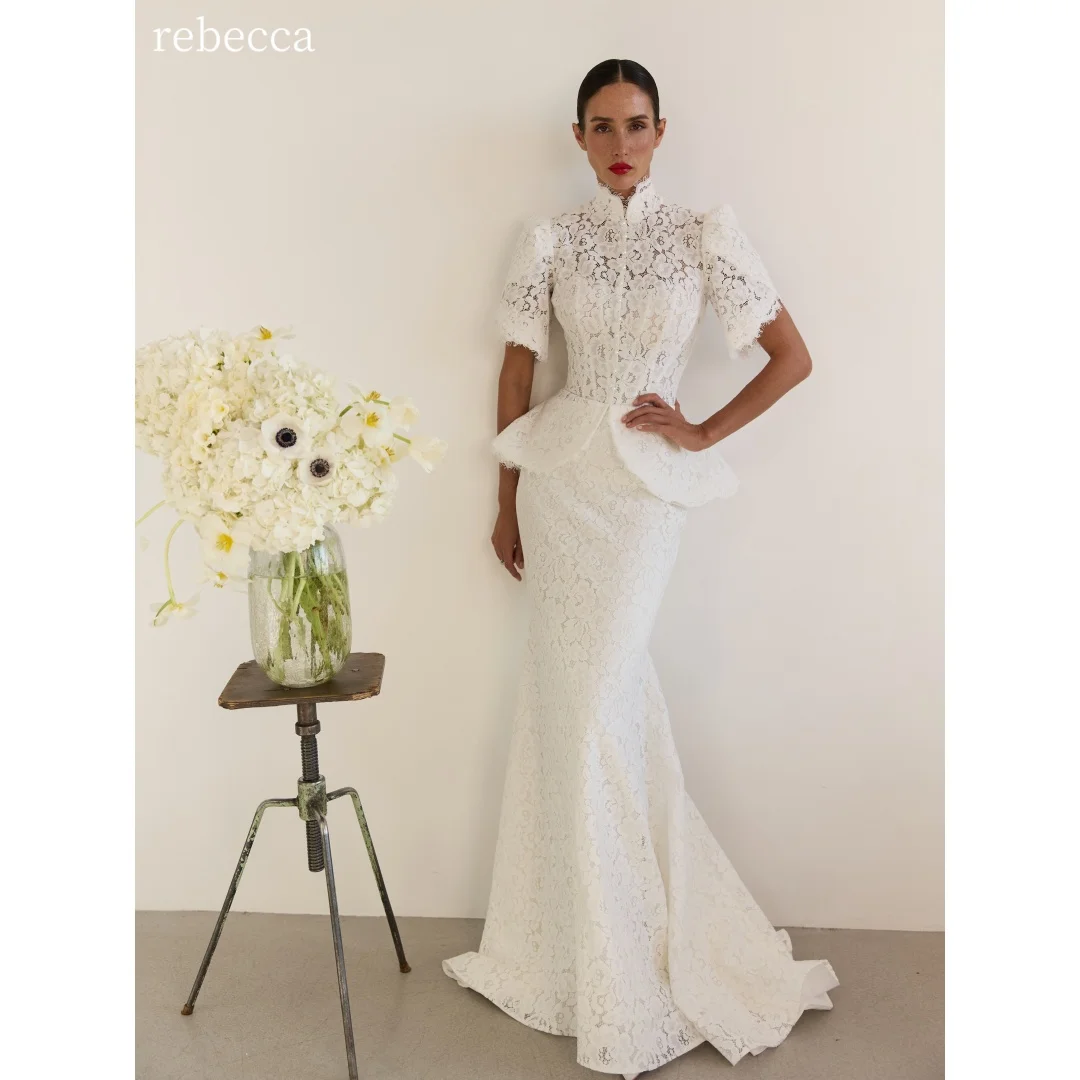 Rebecca Customized High Neck Short Sleeve Prom Dress Floor-Length Vestidos De Noche Lace Embroidery Floral Appliques Formal 2026
