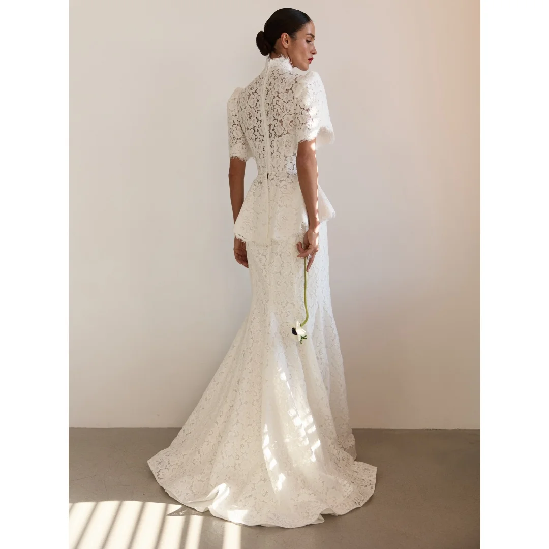 Rebecca Customized High Neck Short Sleeve Prom Dress Floor-Length Vestidos De Noche Lace Embroidery Floral Appliques Formal 2026