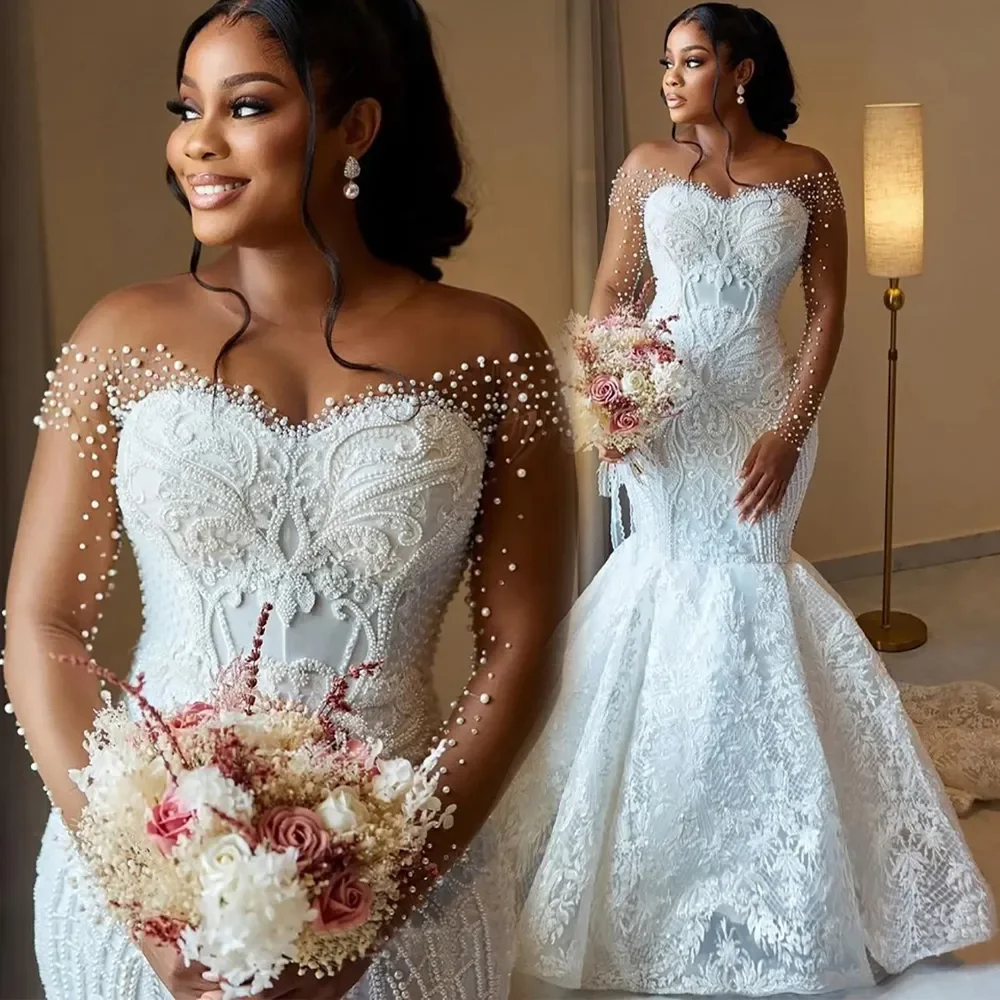 Custom 2027 Women Mermaid Wedding Dress Bridal Dress Naked Neck Phantom Long Sleeve Beaded Lace Wedding Dress Vestido De Novia