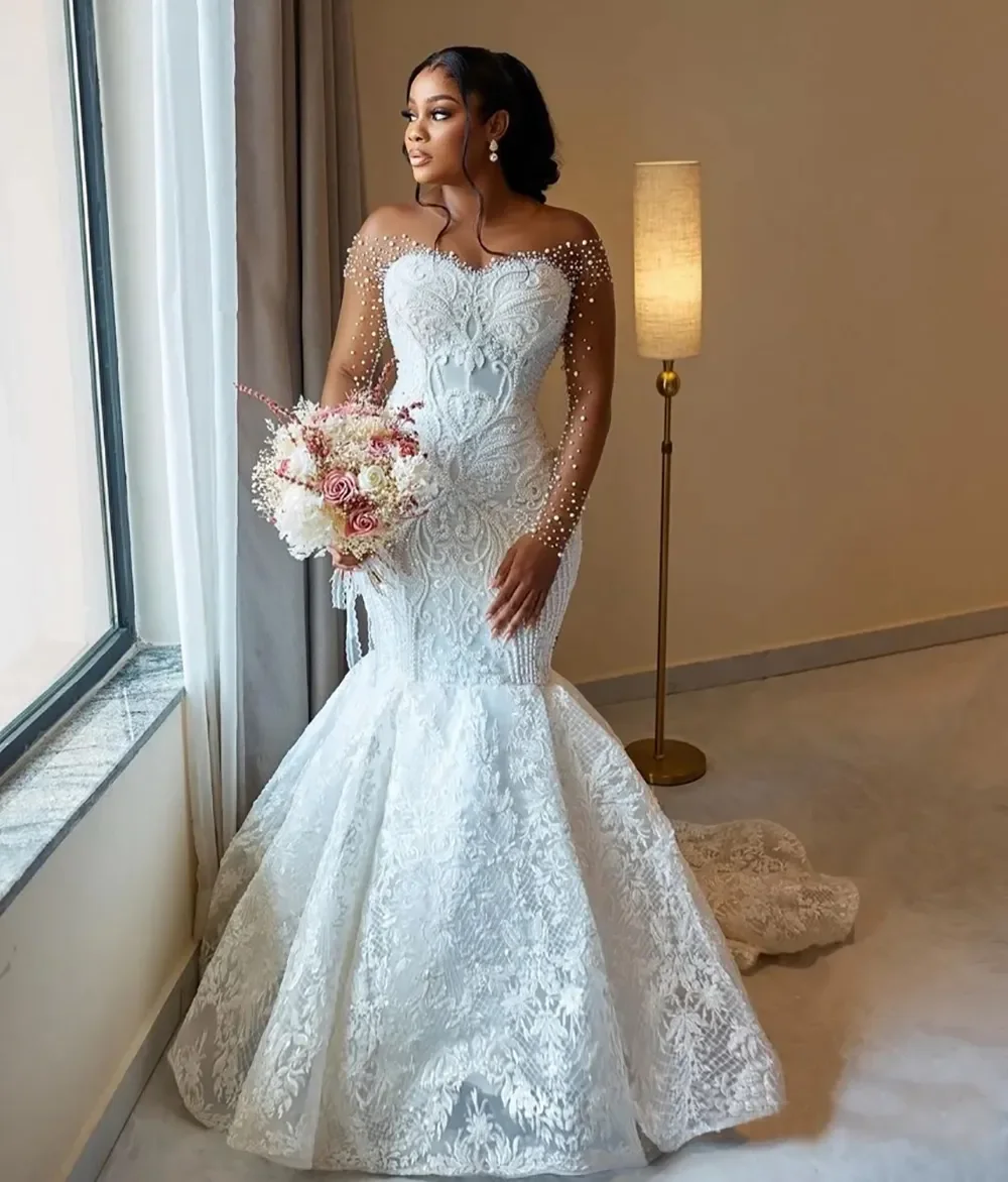 Custom 2027 Women Mermaid Wedding Dress Bridal Dress Naked Neck Phantom Long Sleeve Beaded Lace Wedding Dress Vestido De Novia