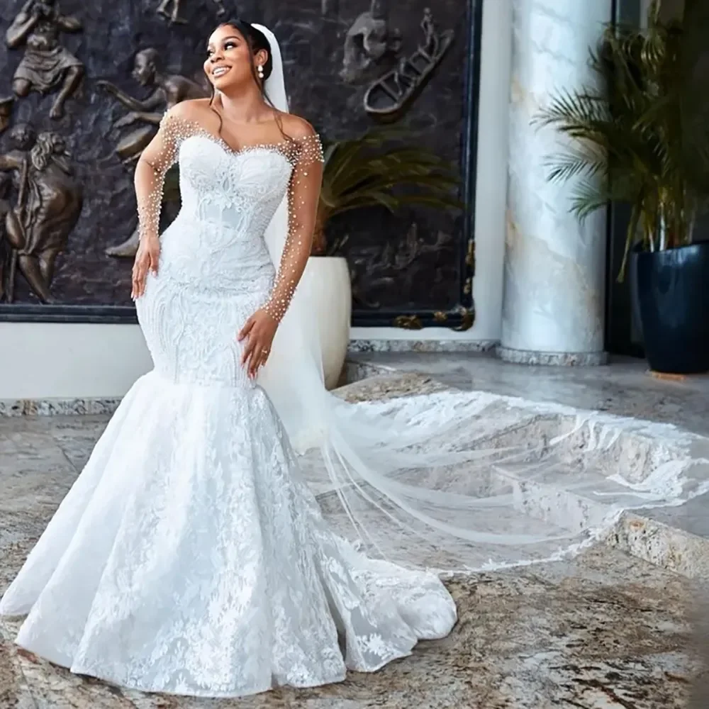 Custom 2027 Women Mermaid Wedding Dress Bridal Dress Naked Neck Phantom Long Sleeve Beaded Lace Wedding Dress Vestido De Novia