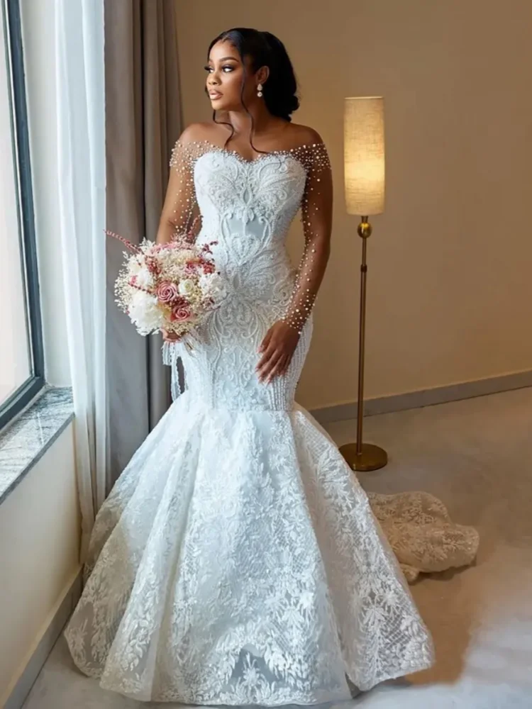 Custom 2027 Women Mermaid Wedding Dress Bridal Dress Naked Neck Phantom Long Sleeve Beaded Lace Wedding Dress Vestido De Novia