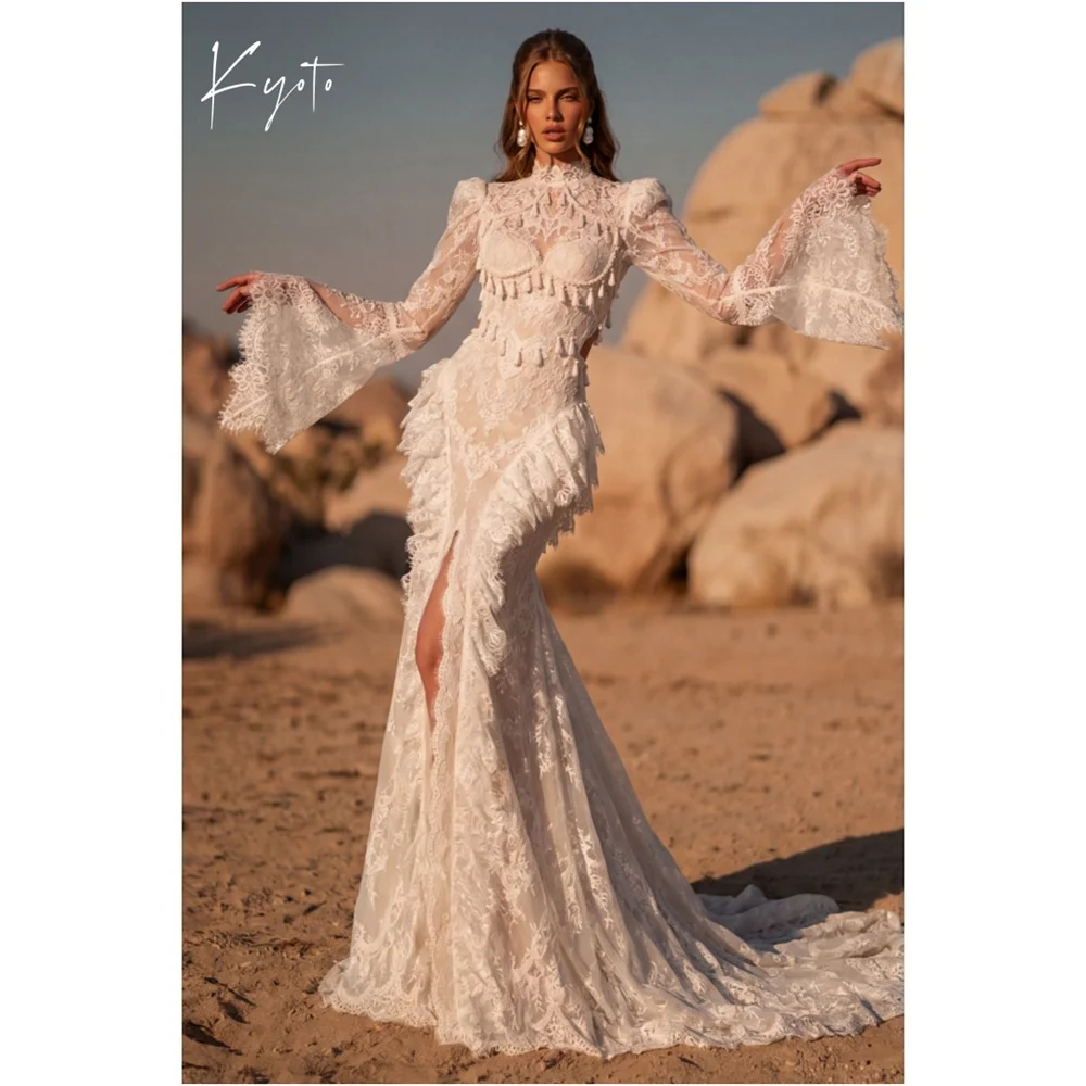 Kyoto Customized White High Split High Neck Wedding Dress Lace Long Sleeve Vestidos De Noche Chic Mermaid Robe De Mariée 2026
