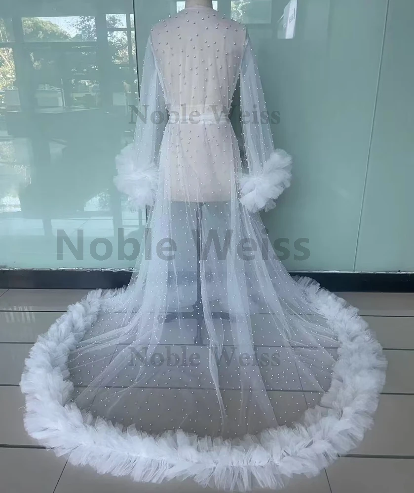 Ruffles Wedding Robe Photo Shoot Pearls Pregnant Women Photography Gown Evening Prom Tulle Robe Bathrobe Long Jacket Customized