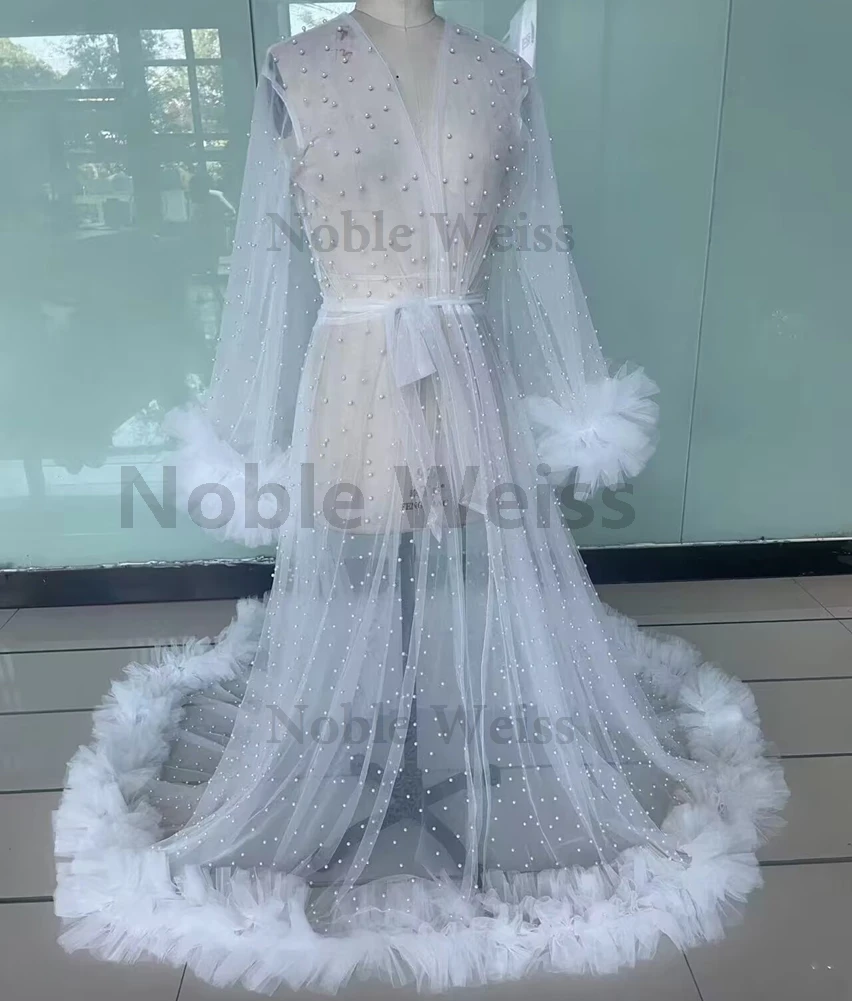 Ruffles Wedding Robe Photo Shoot Pearls Pregnant Women Photography Gown Evening Prom Tulle Robe Bathrobe Long Jacket Customized