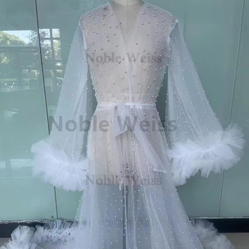 Ruffles Wedding Robe Photo Shoot Pearls Pregnant Women Photography Gown Evening Prom Tulle Robe Bathrobe Long Jacket Customized