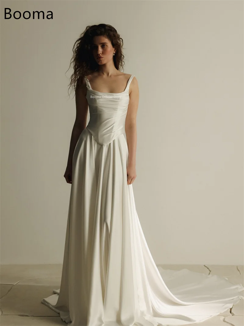 Booma A-Line Simple Spaghetti Strap Wedding Dresses Sleeveless Satin Long Pleat Elegant Brides Gown Custom Made 2026