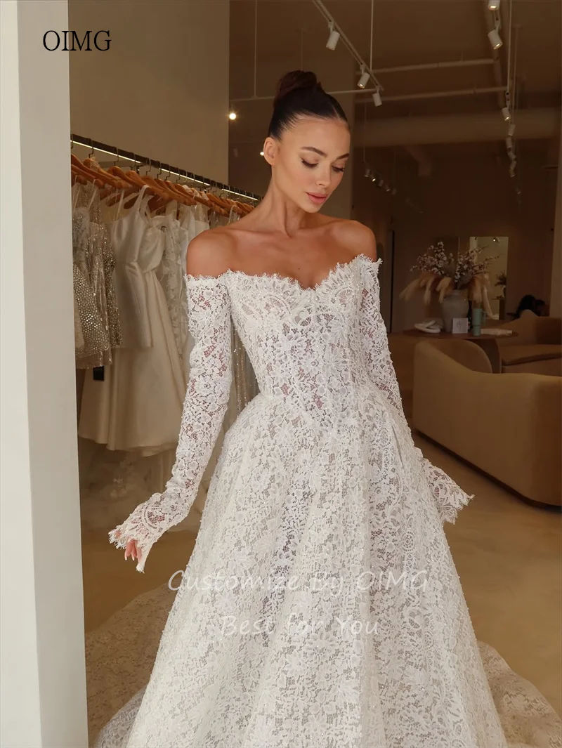 OIMG Luxurious Lace Off The Shoulder A Line Wedding Dress Backless Bride Dresses Floor Length Long Tail Wedding Gowns Customized