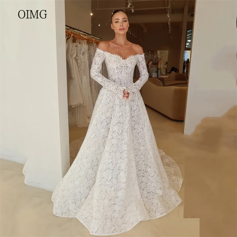 OIMG Luxurious Lace Off The Shoulder A Line Wedding Dress Backless Bride Dresses Floor Length Long Tail Wedding Gowns Customized