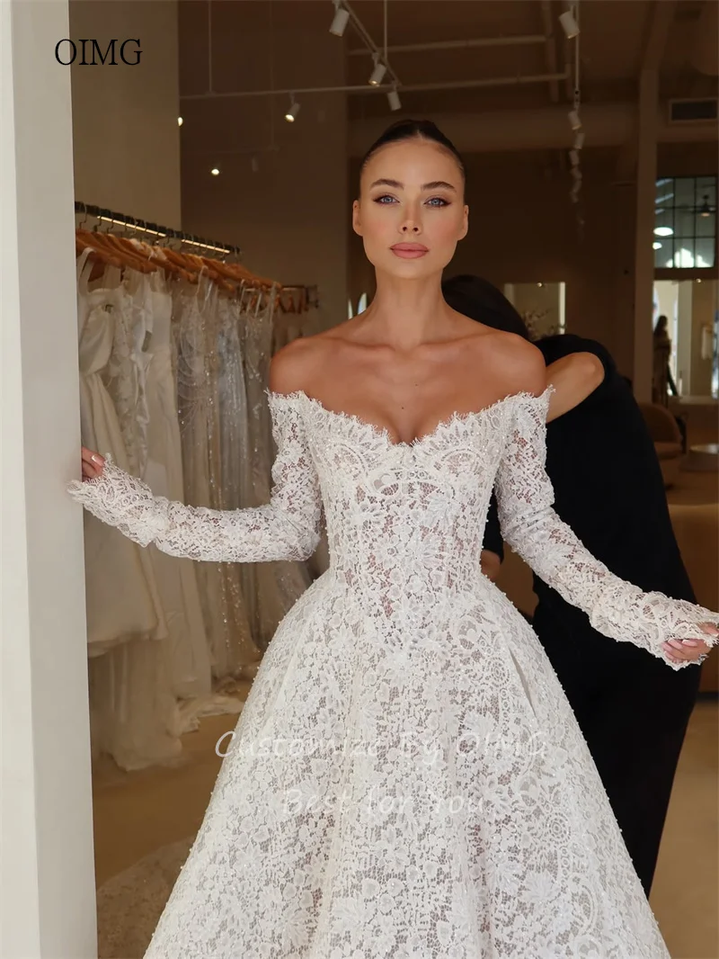 OIMG Luxurious Lace Off The Shoulder A Line Wedding Dress Backless Bride Dresses Floor Length Long Tail Wedding Gowns Customized