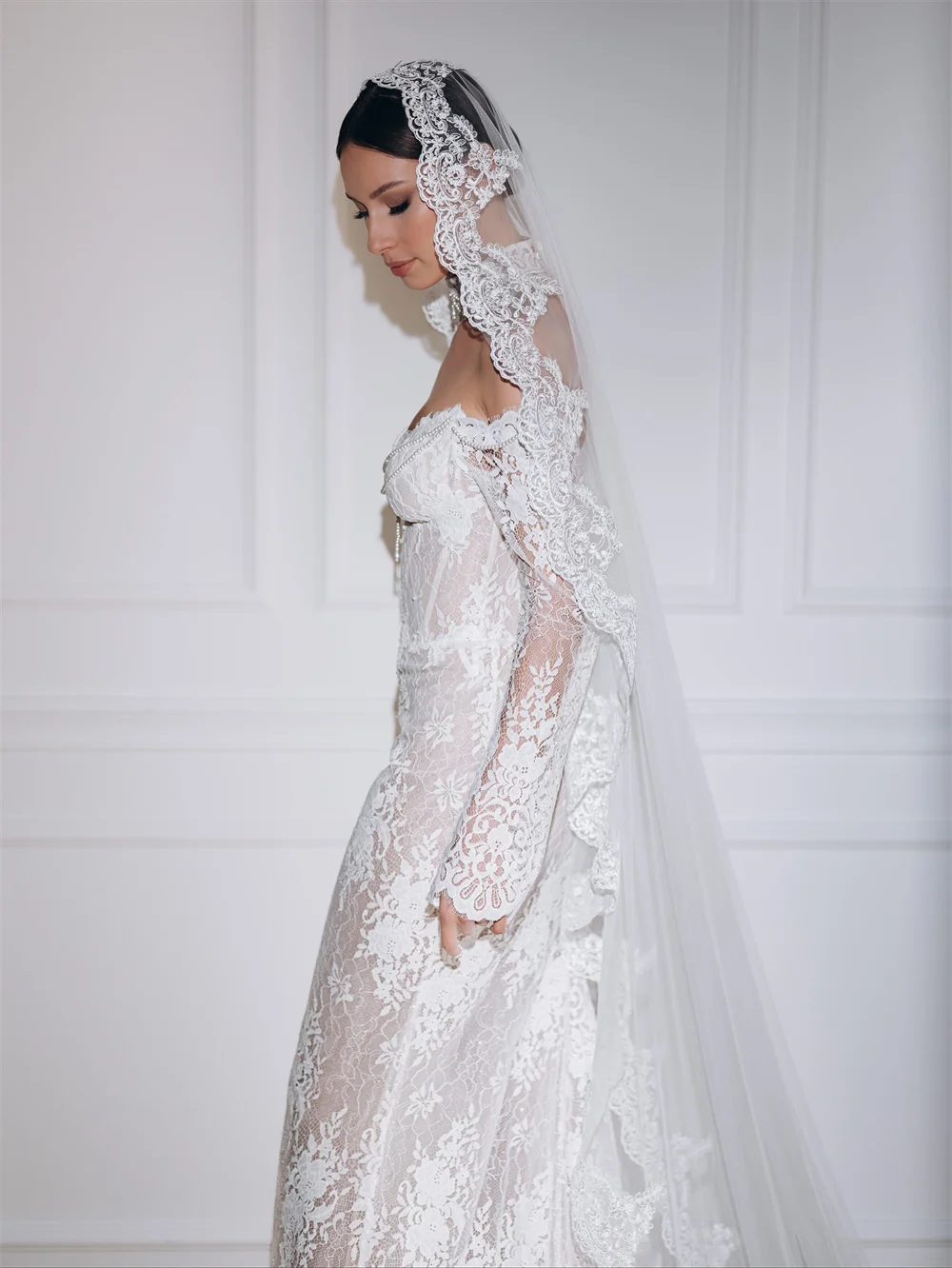 Kyoto Customized White Floral Lace Wedding Dress Off Shoulder Long Sleeves Vestidos De Noiva Exquisite Mermaid Evening Dresses