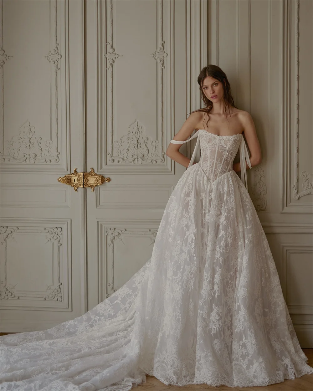 Kyoto Customize Ivory Lace Appliques Off Shoulder Wedding Dress A-Line Long Train vestidos de novia Zip Back Formal Evening 2025