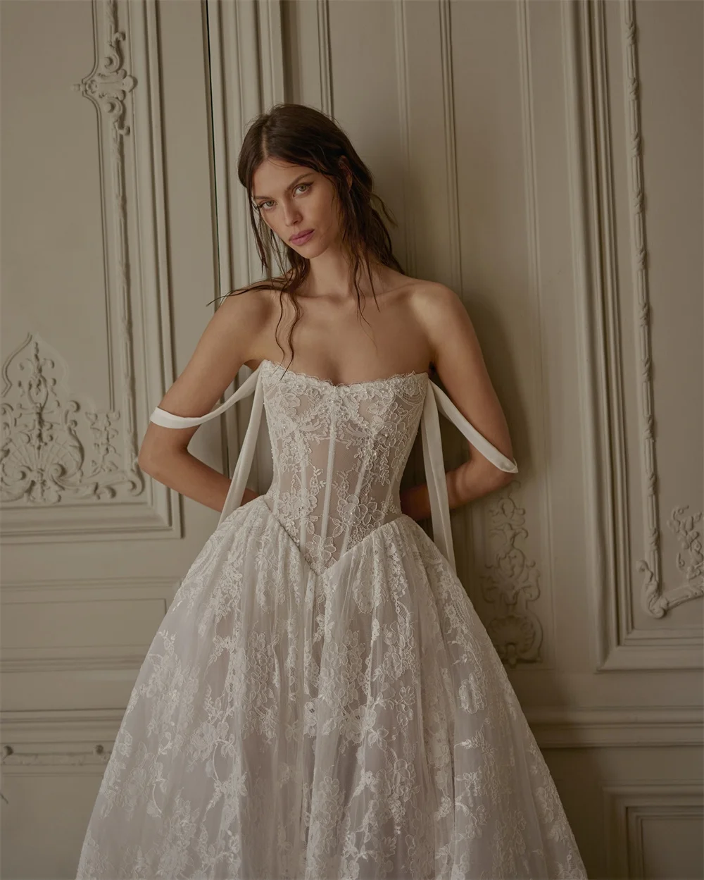 Kyoto Customize Ivory Lace Appliques Off Shoulder Wedding Dress A-Line Long Train vestidos de novia Zip Back Formal Evening 2025