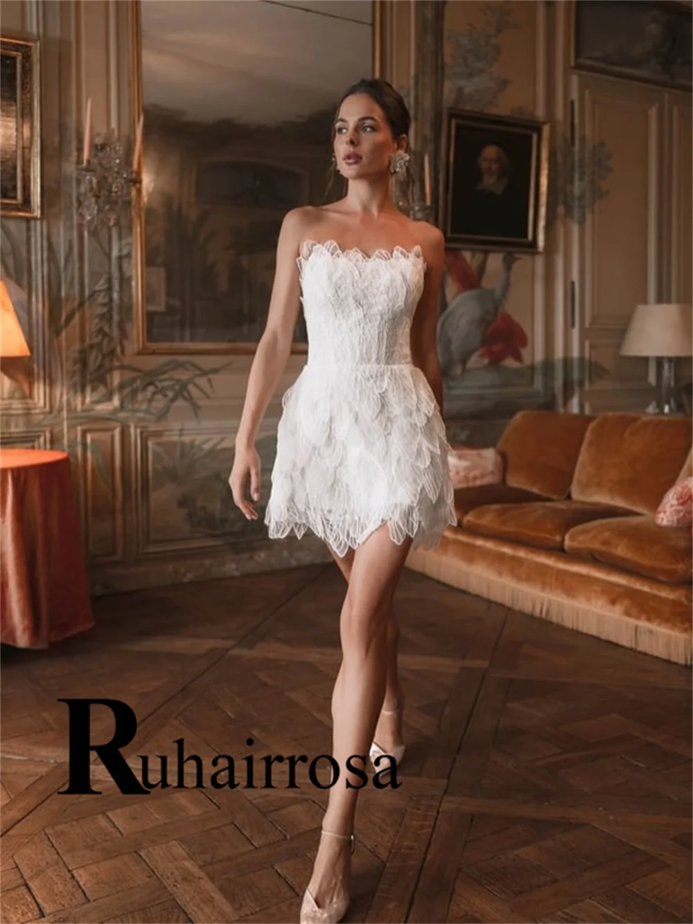 Ruhair Trendy Strapless Wedding Dresses for Women Mini Corset Lace Appliques A-line Bridal Gown Robe De Mariee Customized