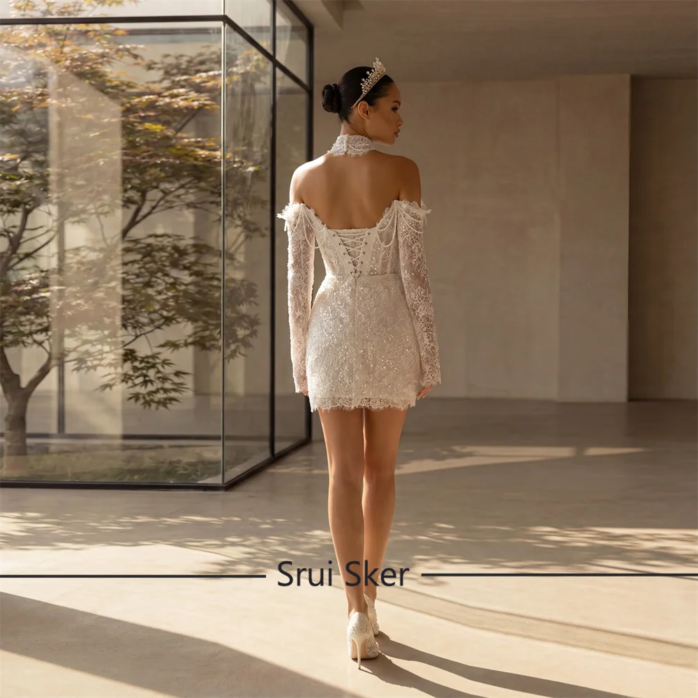 Customize Off Shoulder Sparkly Lace Mini Wedding Dress Sweetheart Lace Up Back A Line Bridal Gown For Intimate Wedding Gathering