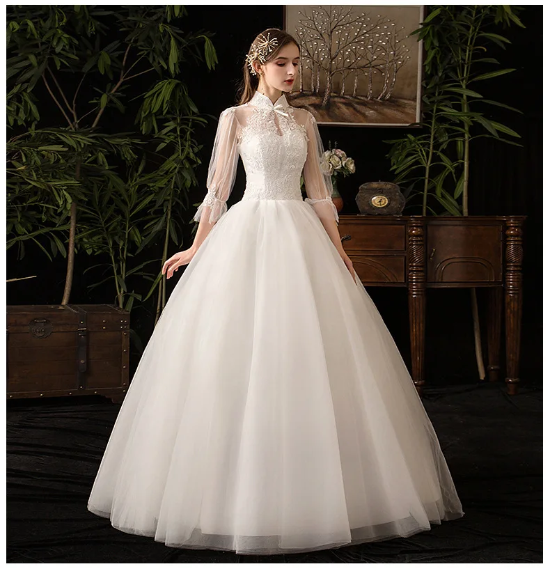 2026 New High Neck Three Quarter Sleeve Wedding Dress Sexy Lace Applique Plus Size Vintage Bridal Gown Robe De Mariee Customized