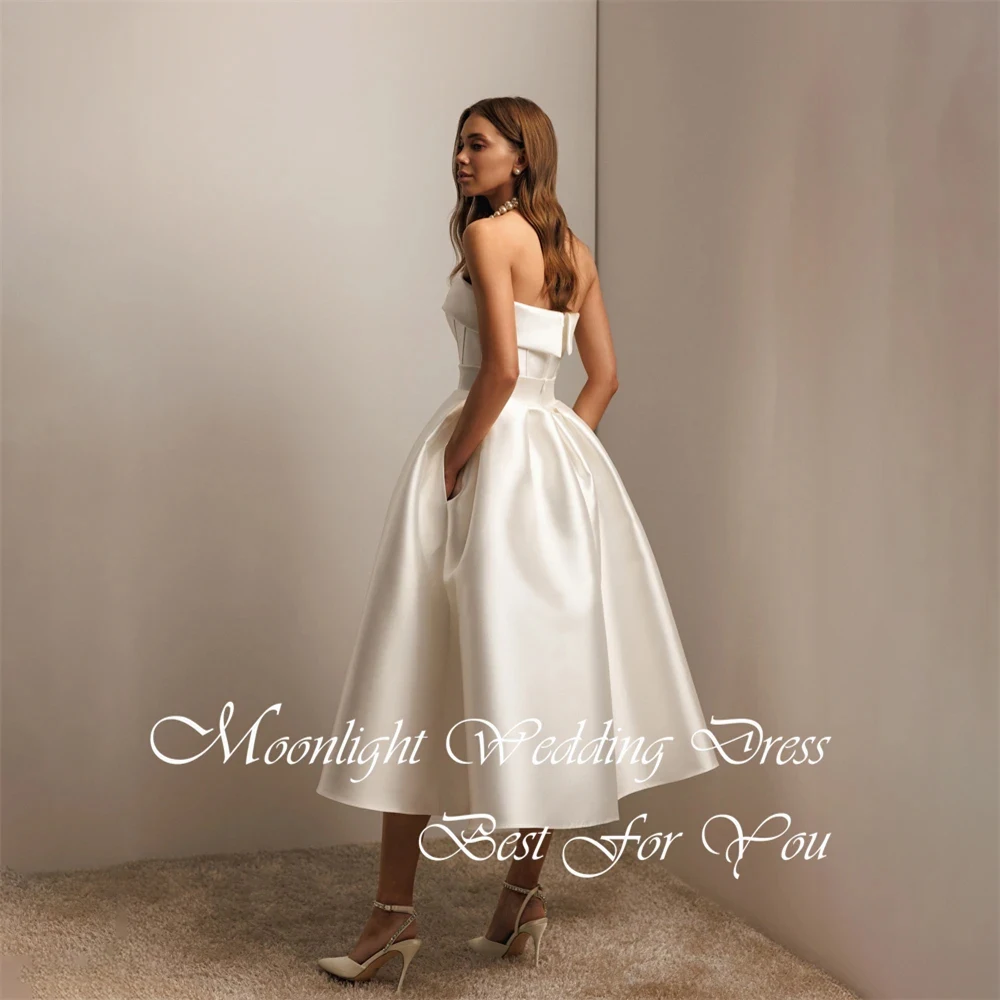 Simple Pleat Strapless A-Line Wedding Dress Women 2026 Sleeveless Backless Mid- Calf Bridal Gown Vestidos De Novia Customized