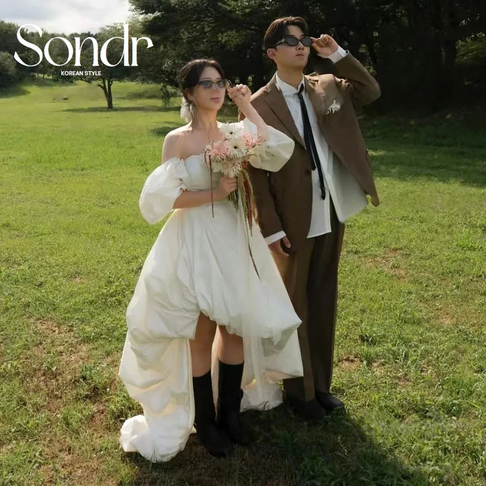 Sondr Elegant High Low Wedding Party Dress Off Shoulder Puff Sleeves Ivory Korean Photo Shoot Bridal Reception Gown Customized
