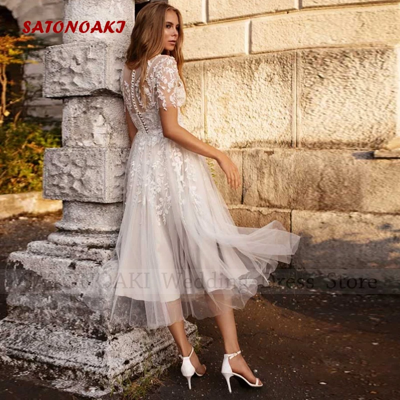 Customized Elegant Sexy Boho Lace Short Wedding Dress for Bride A-Line O-Neck Tea Length Illusion Bride Gowns Vestidos De Novia