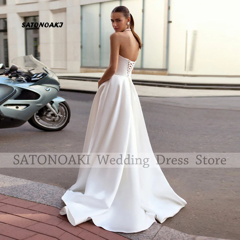 Customized Elegant Side Split Strapless White Satin Wedding Dress for Bride A-Line Lace-up Pleat Bride Gown Vestidos De Novia