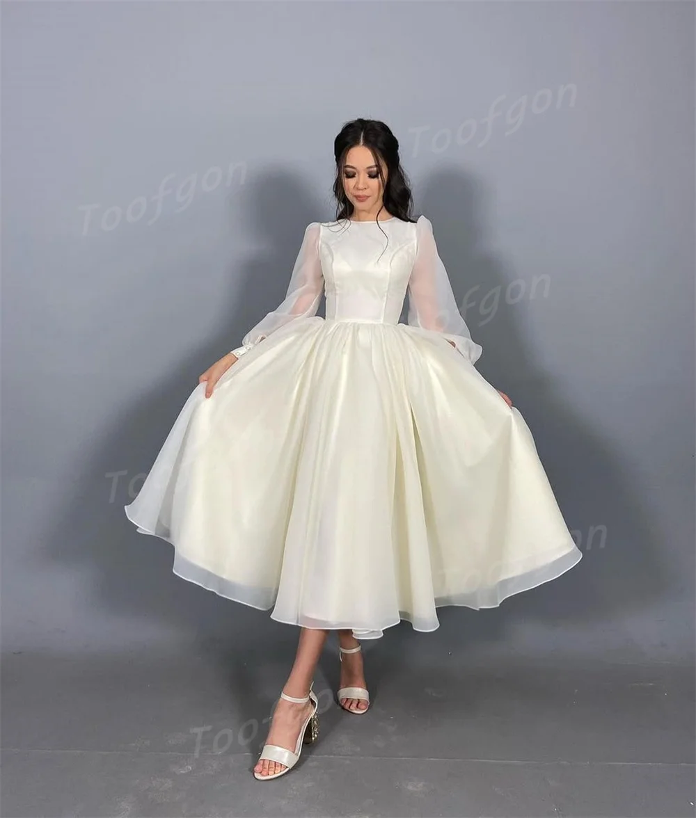 Toofgon Customized Modest Long Sleeve A Line Wedding Dresses Puff Sleeve Bride Gown Tea Length Draped Organza Bridal Party Dress