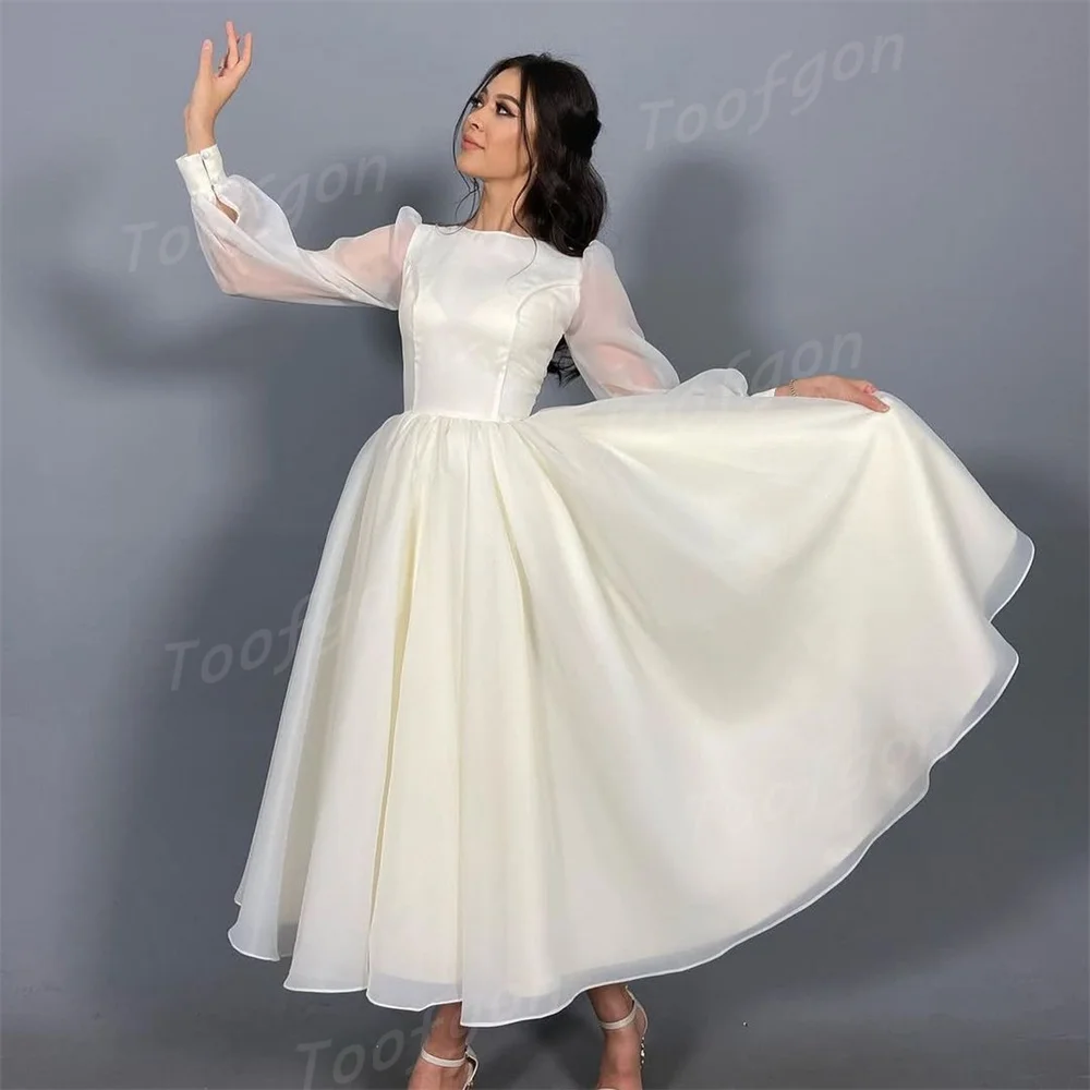 Toofgon Customized Modest Long Sleeve A Line Wedding Dresses Puff Sleeve Bride Gown Tea Length Draped Organza Bridal Party Dress