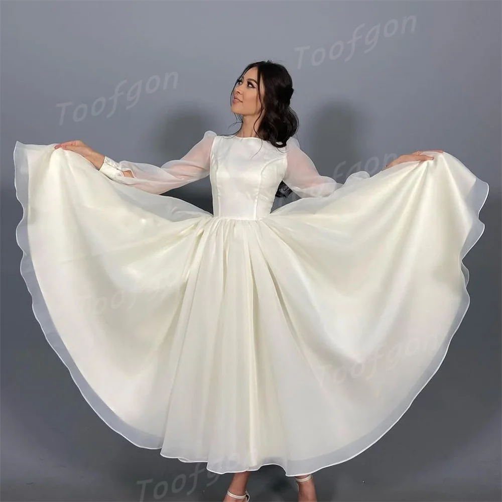 Toofgon Customized Modest Long Sleeve A Line Wedding Dresses Puff Sleeve Bride Gown Tea Length Draped Organza Bridal Party Dress