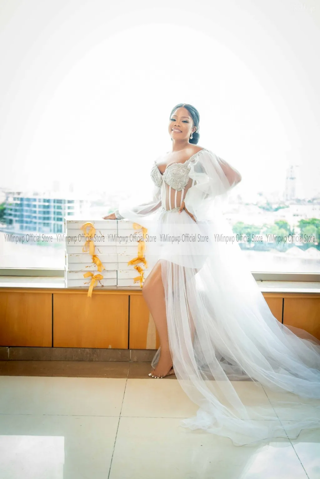 2026 Nigeria White Wedding Dresses for Bride Off Shoulder Long Sleeves Corset Side Split Tulle Bridal Shower Dress Customized