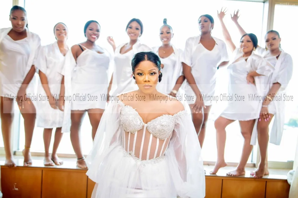 2026 Nigeria White Wedding Dresses for Bride Off Shoulder Long Sleeves Corset Side Split Tulle Bridal Shower Dress Customized