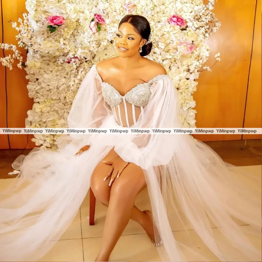 2026 Nigeria White Wedding Dresses for Bride Off Shoulder Long Sleeves Corset Side Split Tulle Bridal Shower Dress Customized