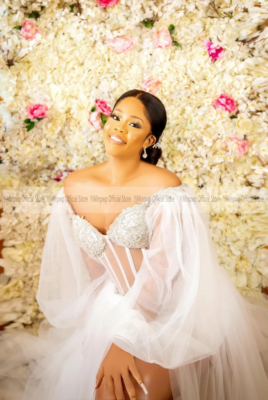 2026 Nigeria White Wedding Dresses for Bride Off Shoulder Long Sleeves Corset Side Split Tulle Bridal Shower Dress Customized