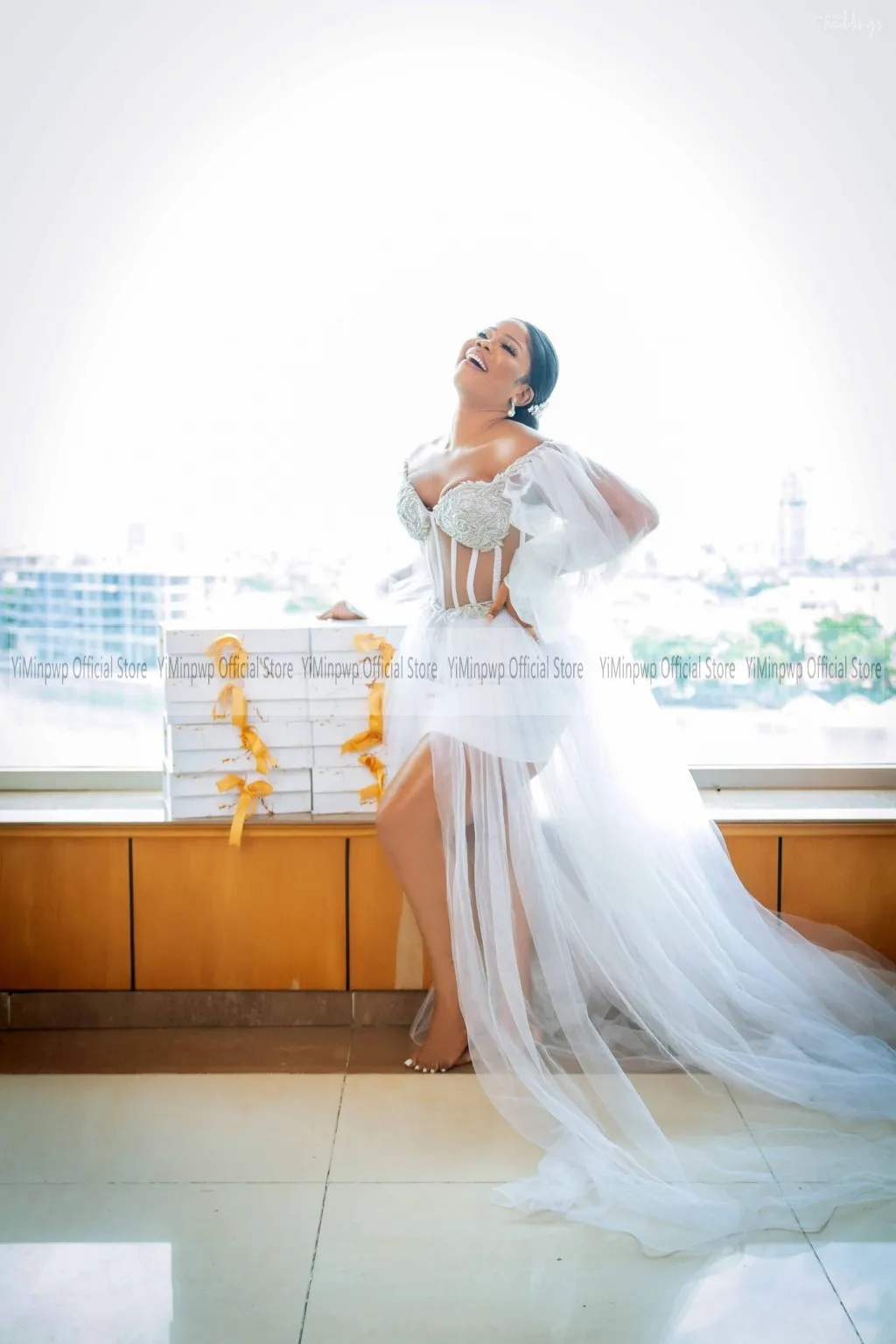 2026 Nigeria White Wedding Dresses for Bride Off Shoulder Long Sleeves Corset Side Split Tulle Bridal Shower Dress Customized