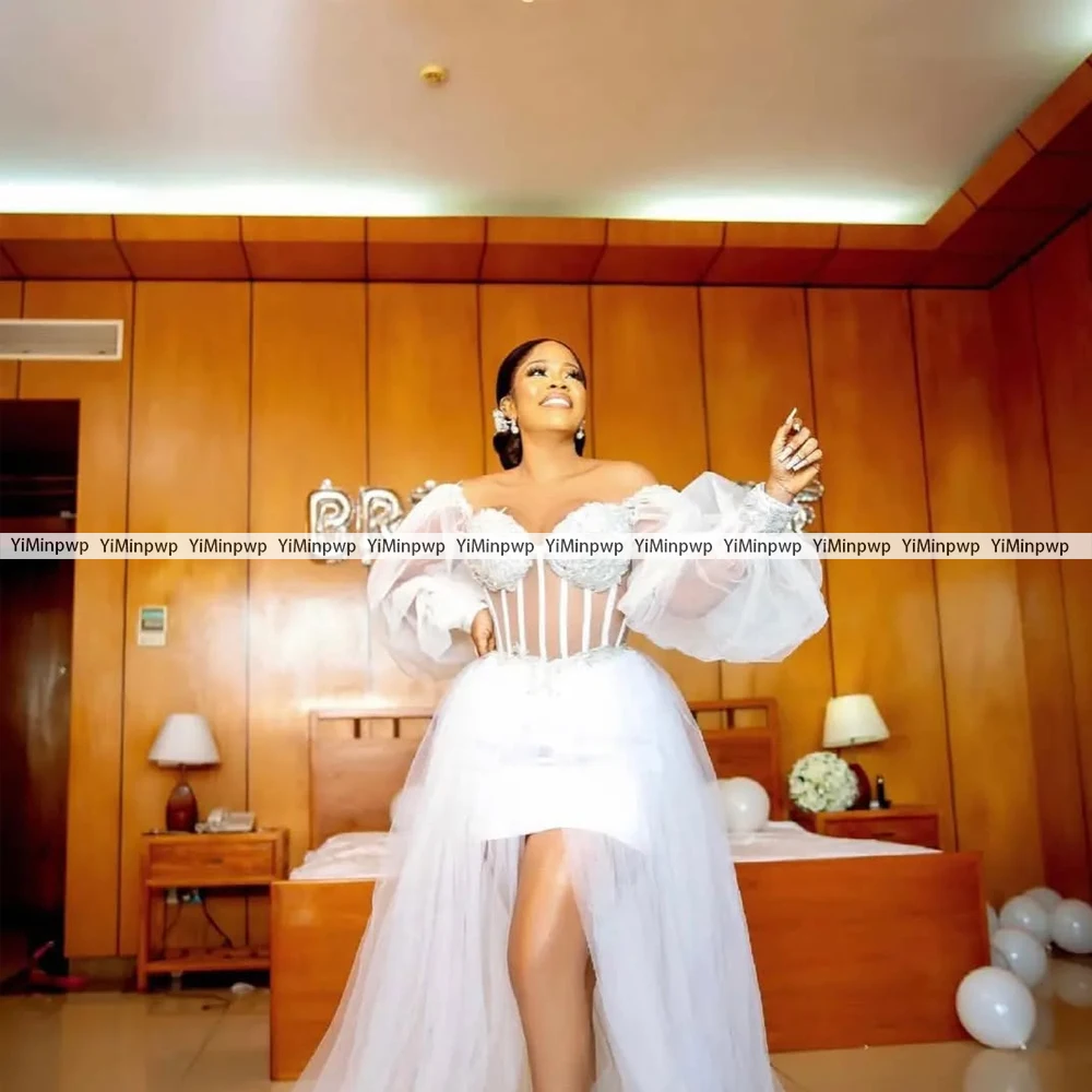 2026 Nigeria White Wedding Dresses for Bride Off Shoulder Long Sleeves Corset Side Split Tulle Bridal Shower Dress Customized