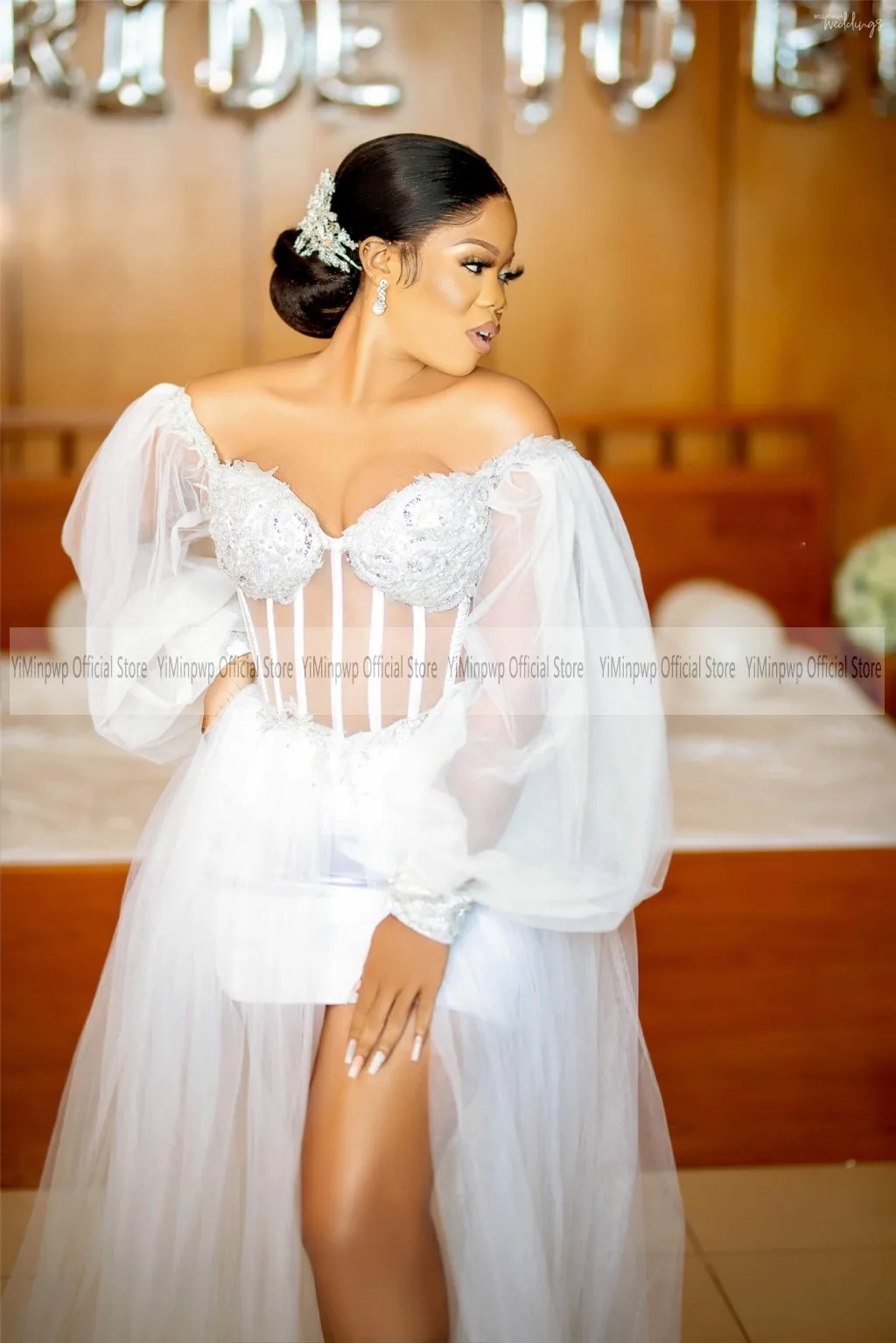2026 Nigeria White Wedding Dresses for Bride Off Shoulder Long Sleeves Corset Side Split Tulle Bridal Shower Dress Customized