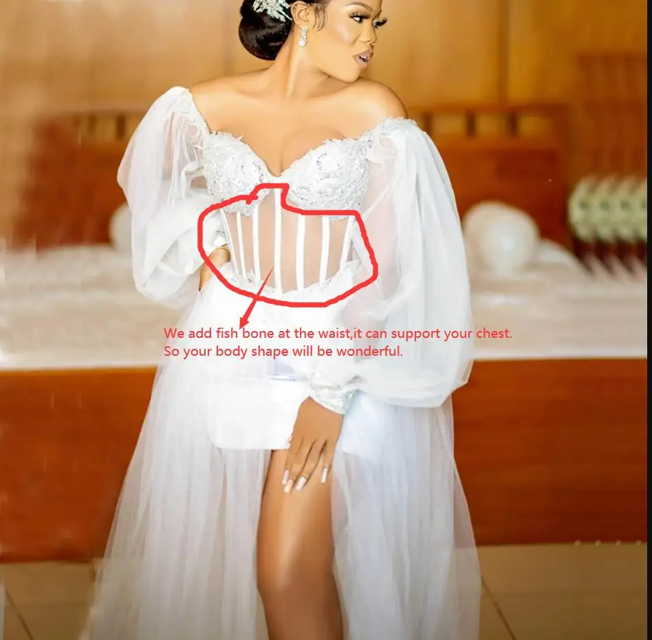 2026 Nigeria White Wedding Dresses for Bride Off Shoulder Long Sleeves Corset Side Split Tulle Bridal Shower Dress Customized