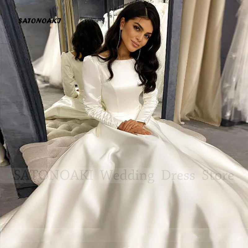 Customized Elegant Simple Satin Wedding Dress for Women O-Neck A-Line Puff Sleeves Lace-up Party Bride Gown Vestido De Novia