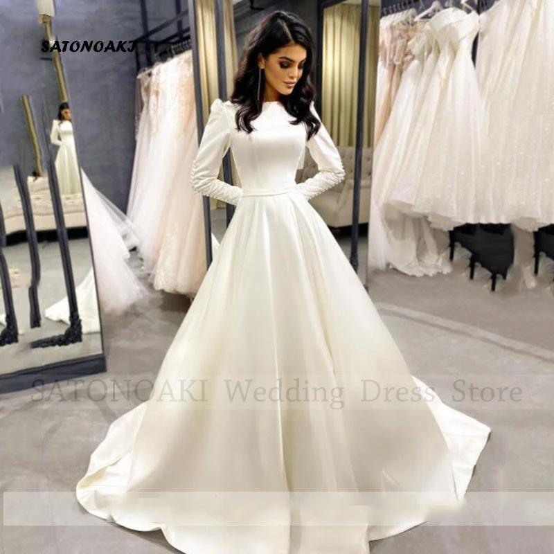 Customized Elegant Simple Satin Wedding Dress for Women O-Neck A-Line Puff Sleeves Lace-up Party Bride Gown Vestido De Novia