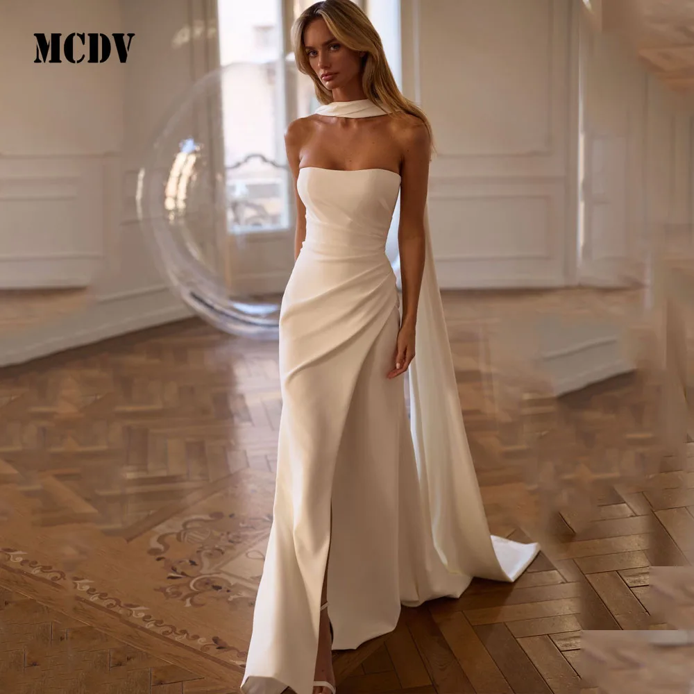 MCDV Pleat Satin Bride Gowns Strapless Mermaid Side Split Ivory Wedding Dresses 2026 Ribbons vestido de noiva civil Customized