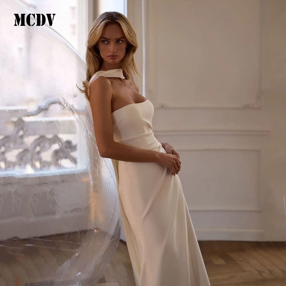 MCDV Pleat Satin Bride Gowns Strapless Mermaid Side Split Ivory Wedding Dresses 2026 Ribbons vestido de noiva civil Customized