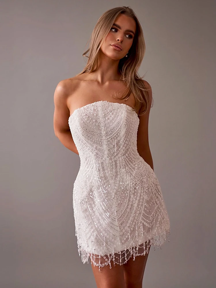 Glitter Wedding Dress Organza With Embroidery Bead Above The Knee Ball Gown Sleeveless Strapless Bride Zipper Tassel Customized