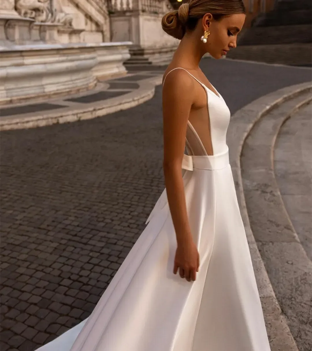 Elegant Long V Neck Satin Plus Size Wedding Dresses Sleeveless with Bow A Line Sweep Train Bridal Gown for Women