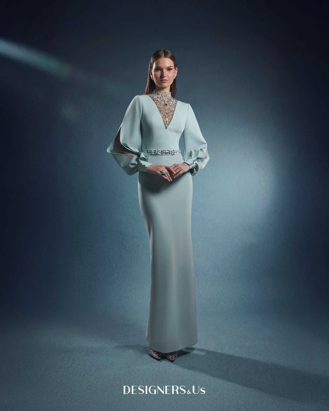FATAPAESE Customized Engagement Dress Puff Open Sleeves and a V-shape Crystal High Neck Sheath Skirt Speicial Formal Occasion