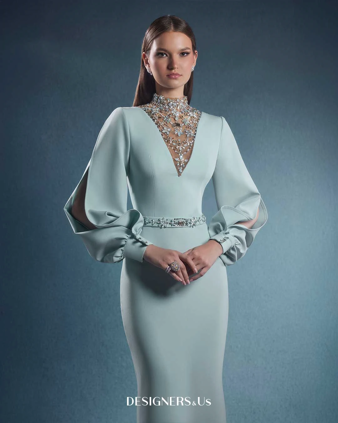 FATAPAESE Customized Engagement Dress Puff Open Sleeves and a V-shape Crystal High Neck Sheath Skirt Speicial Formal Occasion