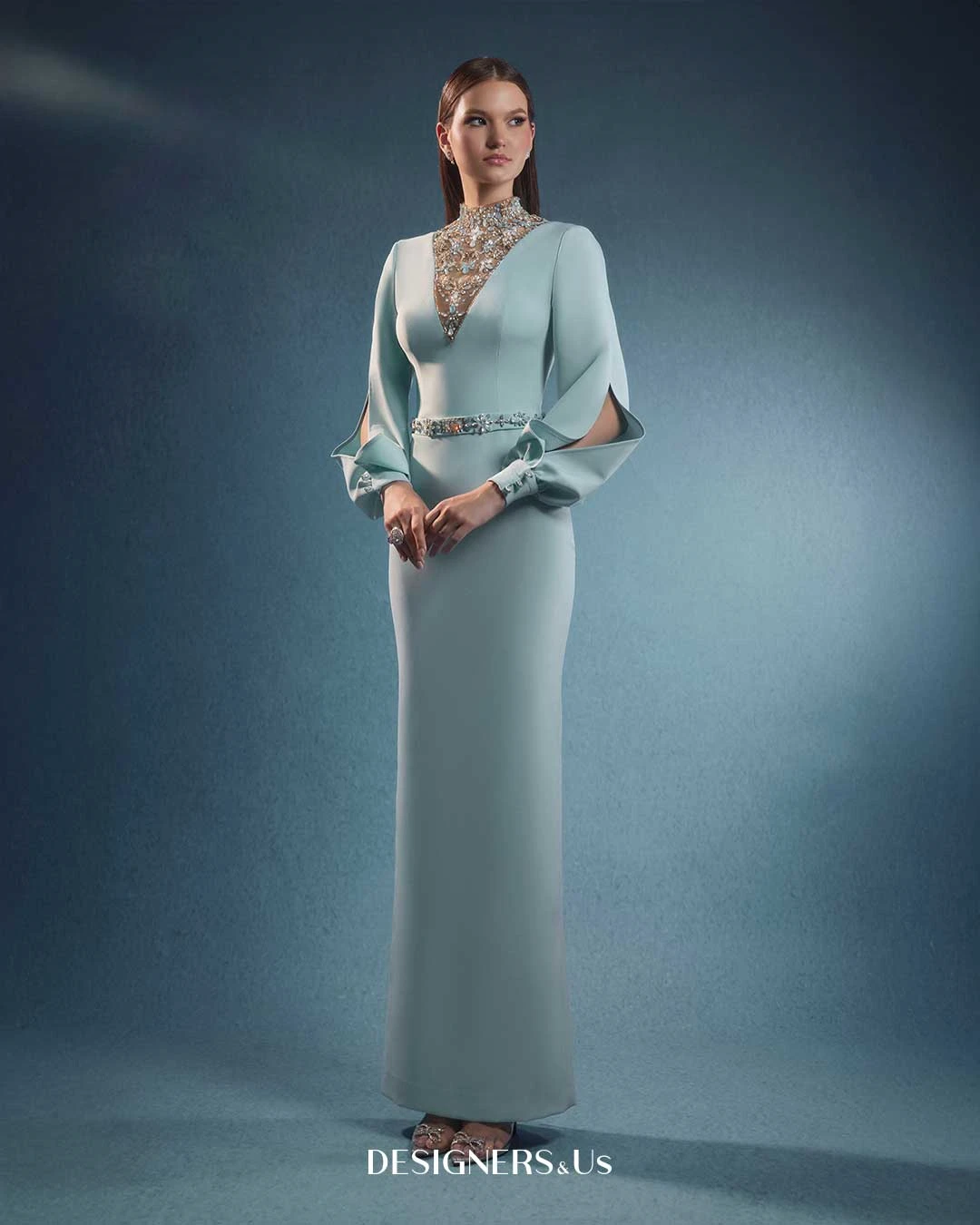FATAPAESE Customized Engagement Dress Puff Open Sleeves and a V-shape Crystal High Neck Sheath Skirt Speicial Formal Occasion