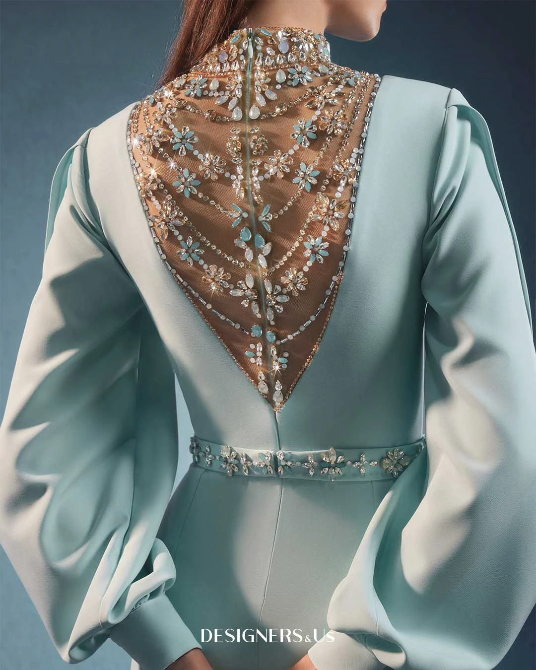 FATAPAESE Customized Engagement Dress Puff Open Sleeves and a V-shape Crystal High Neck Sheath Skirt Speicial Formal Occasion
