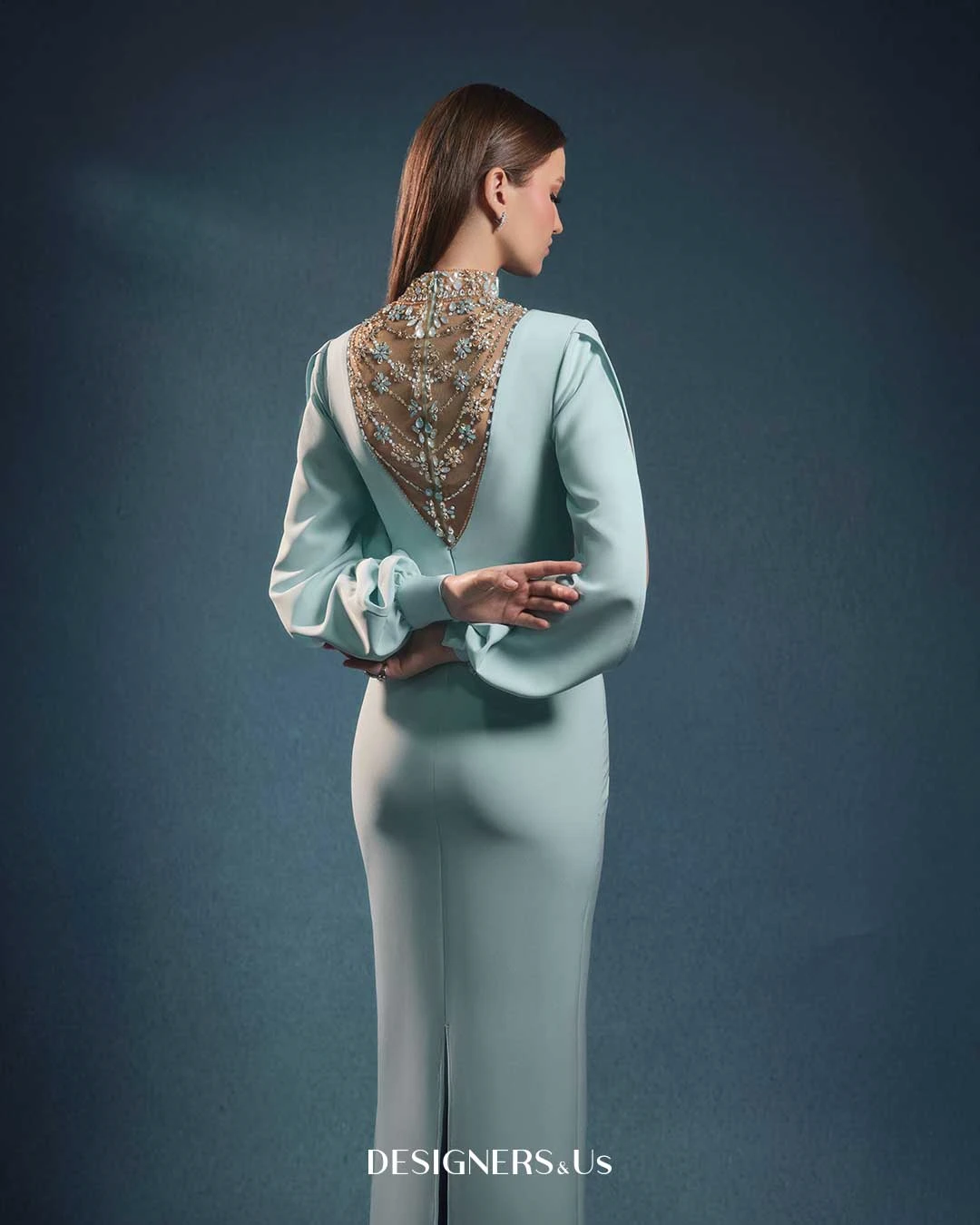 FATAPAESE Customized Engagement Dress Puff Open Sleeves and a V-shape Crystal High Neck Sheath Skirt Speicial Formal Occasion